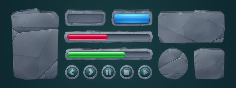 Set of stone game ui frames and buttons 스톡 일러스트
