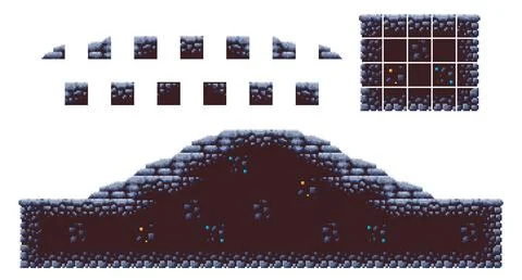 Set of stone pixel frt tiles for mountain terrain, underground cave, : elem.. Stock Illustration