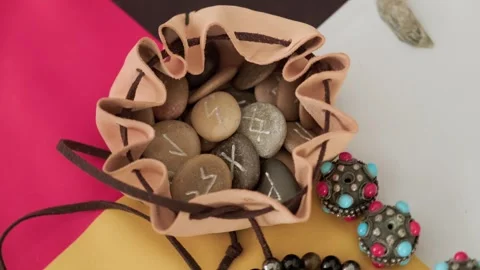 A set of stone runes in a bag Stock Footage 336244847