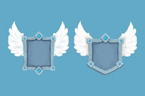 Set Stone shield, frame with gemstones and wings game reward board in cartoon Stock Illustration