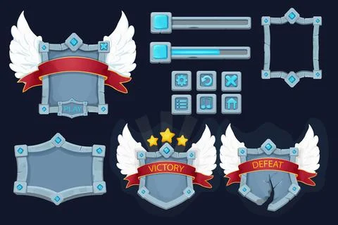 Set stone shield, frame with gemstones, award ribbon, wings game victory board Stock Illustration