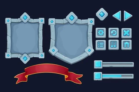 Set stone shield, frame with gemstones, award ribbon game victory board menu and Stock Illustration