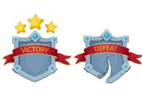 Set Stone shield, frame with gemstones, award ribbon, golden stars game victory Stock-Illustration