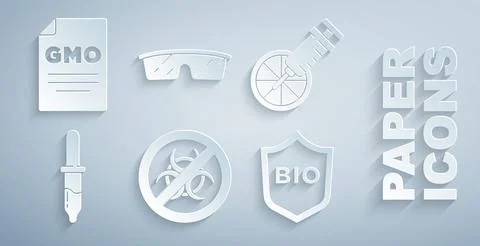 Set Stop GMO, Genetically modified orange, Pipette, Shield for bio healthy food Stock Illustration