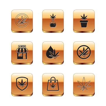 Set Stop marijuana, Shield and, Shopping bag of, Marijuana or cannabis leaf oil Ilustración de archivo