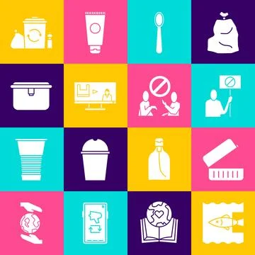 Set Stop ocean plastic pollution, Lunch box, Nature saving protest, Disposa.. Stock Illustration