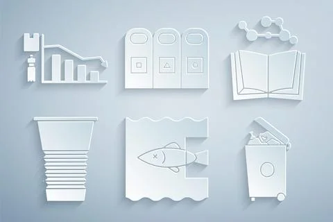 Set Stop ocean plastic pollution, Open book, Paper glass, Trash can, in gar.. Stock Illustration