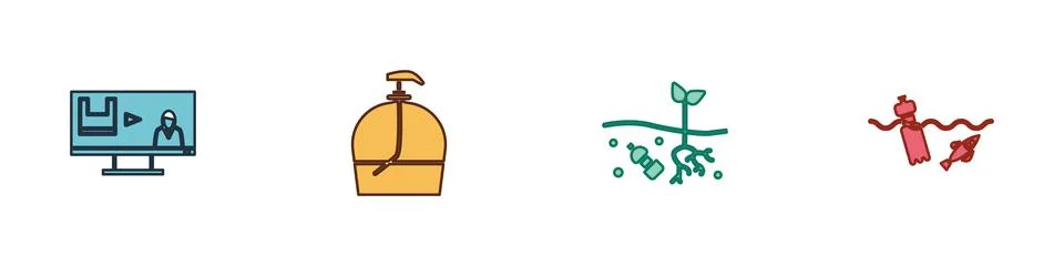 Set Stop plastic pollution, Bottle of liquid soap, Problem planet and the oce Illustrazione stock