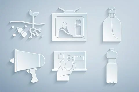 Set Stop plastic pollution, Bottle of liquid soap, Spread the word, megapho.. Stock Illustration