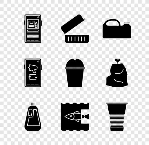 Set Stop plastic pollution, Lunch box, Canister for machine oil, Bottle Stock Illustration