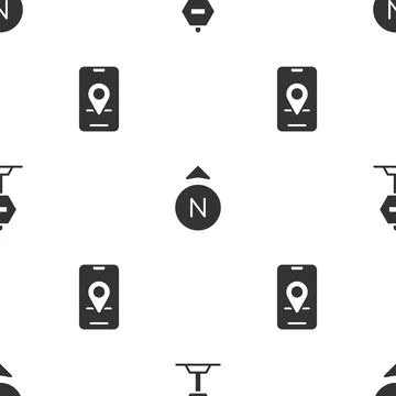 Set Stop sign, Compass and City map navigation on seamless pattern. Vector Illustrazione stock