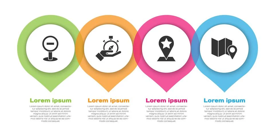 Set Stop sign, Compass, Map pointer with star and Folded map with location .. Stock Illustration