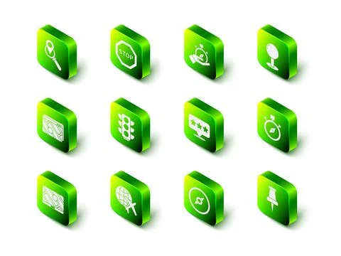 Set Stop sign, Compass, Push pin, Map pointer with star, and Globe flying plane Stock Illustration