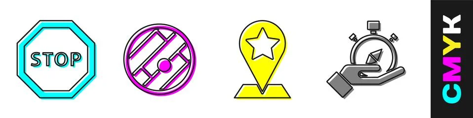 Set Stop sign, Folded map with location, Map pointer with star and Compass icon Stock Illustration