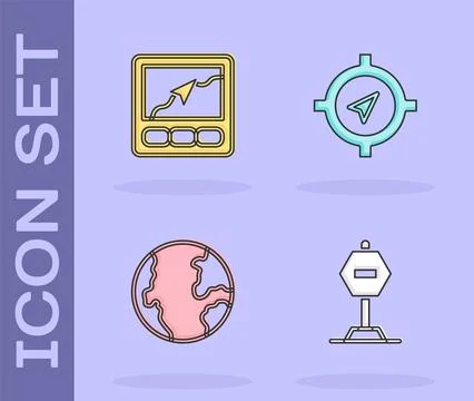 Set Stop sign, Gps device with map, Earth globe and Compass icon. Vector Illustrazione stock