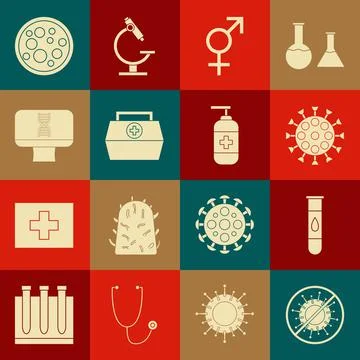 Set Stop virus, Blood test and, Virus, Gender, First aid kit, DNA spiral Illustrazione stock