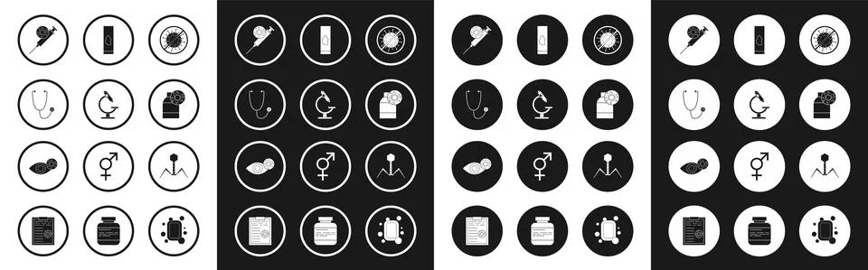 Set Stop virus, Microscope, Stethoscope, Syringe and, Bottle with, Blood test Stockillustratie