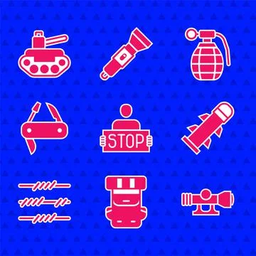 Set Stop war, Hiking backpack, Sniper optical sight, Rocket, Barbed wire, Swi Stock-Illustration