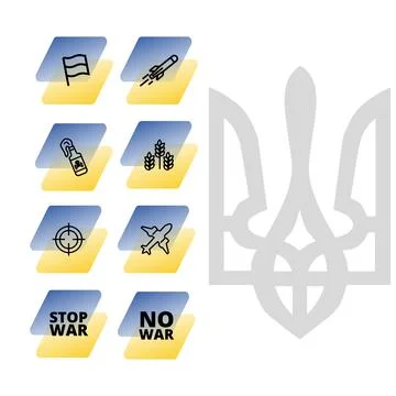 Set of stop war vector stickers and icons. Ukrainian flag Stock Illustration