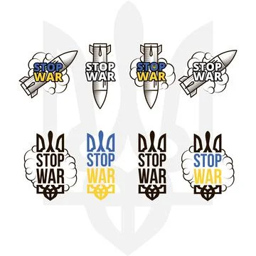 Set of stop war vector stickers and icons. Ukrainian flag Stock Illustration