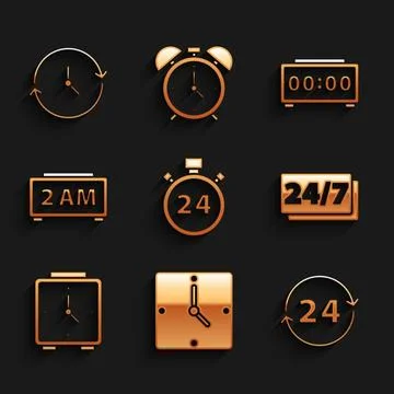 Set Stopwatch 24 hours, Clock, Alarm clock, Digital alarm, and icon. Vector Stock Illustration