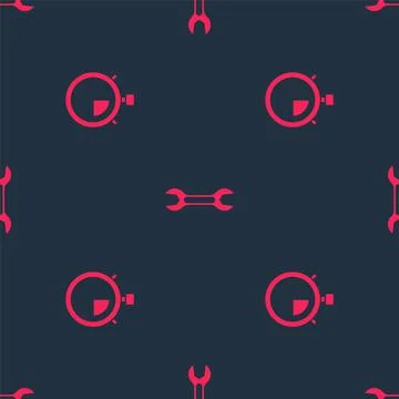 Set Stopwatch and Wrench spanner on seamless pattern. Vector Illustrazione stock