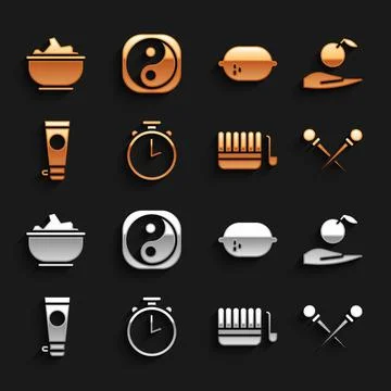 Set Stopwatch, Apple in hand, Knitting needles, Sauna bucket ladle, Cream or Illustrazione stock