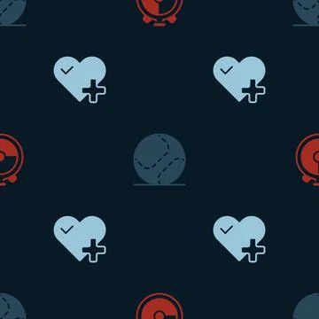 Set Stopwatch, Baseball ball and Heart rate on seamless pattern. Vector Stock Illustration