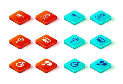 Set Stopwatch, Broken egg, Frying pan, Cooking pot, Grater and  icon. Vector Stock Illustration