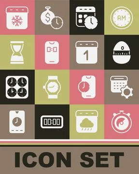 Set Stopwatch, Calendar settings, Kitchen timer, and clock, Alarm app mobile Illustrazione stock