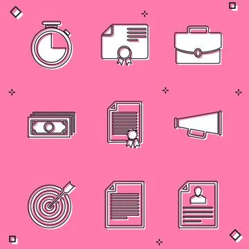 Set Stopwatch, Certificate template, Briefcase, Stacks paper money cash, and Illustrazione stock