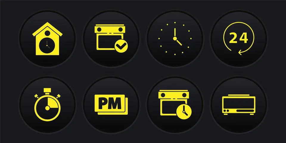 Set Stopwatch, Clock 24 hours, PM, Calendar and clock, with check mark, Digital イラスト素材