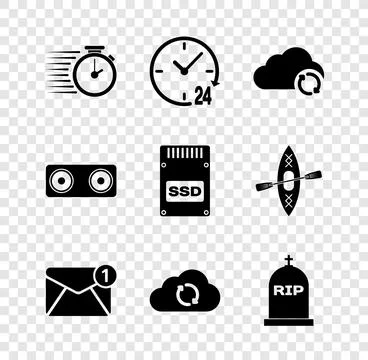 Set Stopwatch, Clock 24 hours, Cloud sync refresh, New, email incoming message Stock Illustration