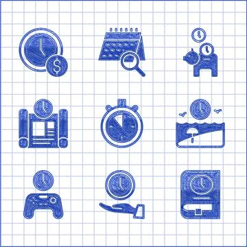 Set Stopwatch, Clock, Time for book, Vacation time, Gamepad of, Project plan Ilustración de archivo