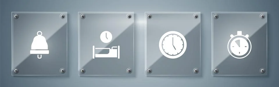 Set Stopwatch, Clock, Time sleep and Ringing bell. Square glass panels. Vector Illustrazione stock