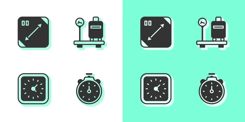 Set Stopwatch, Diagonal measuring, Clock and Scale with suitcase icon. Vector Stock Illustration