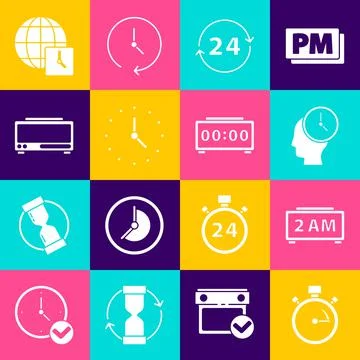 Set Stopwatch, Digital alarm clock, Time Management, Clock 24 hours, World time Illustrazione stock