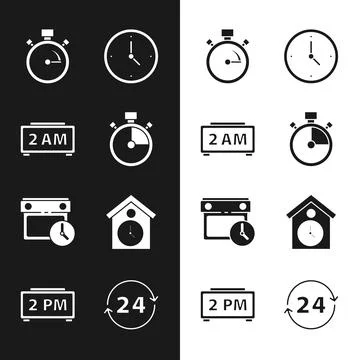 Set Stopwatch, Digital alarm clock, Clock, Calendar and, Retro wall, 24 hours Stock Illustration