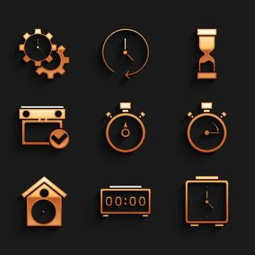 Set Stopwatch, Digital alarm clock, Alarm, Retro wall, Calendar with check .. Stock Illustration
