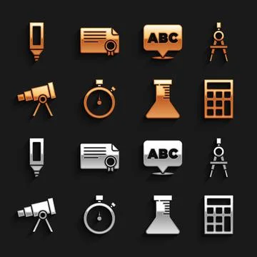 Set Stopwatch, Drawing compass, Calculator, Test tube and flask, Telescope Illustrazione stock