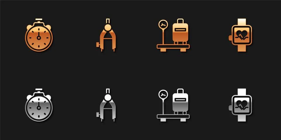 Set Stopwatch, Drawing compass, Scale with suitcase and Smart icon. Vector Stock Illustration