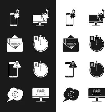 Set Stopwatch, Envelope, Mobile service, Computer monitor, with exclamation mark Illustrazione stock