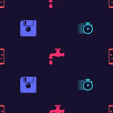 Set Stopwatch, Floppy disk, Water tap and Dead mobile on seamless pattern Stock Illustration
