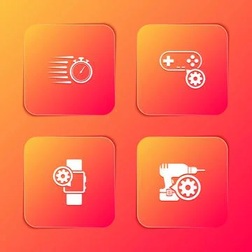 Set Stopwatch, Gamepad setting, Smartwatch and Drill machine icon. Vector イラスト素材