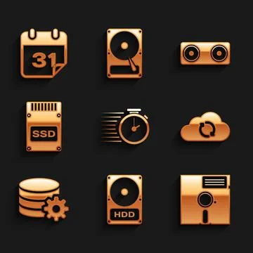 Set Stopwatch, Hard disk drive HDD, Floppy in the 5.25-inch, Cloud sync refresh Stockillustratie