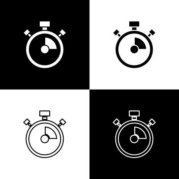 Set Stopwatch icon isolated on black and white background. Time timer sign Illustrazione stock