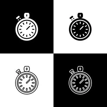 Set Stopwatch icon isolated on black and white background. Time timer sign Stock Illustration