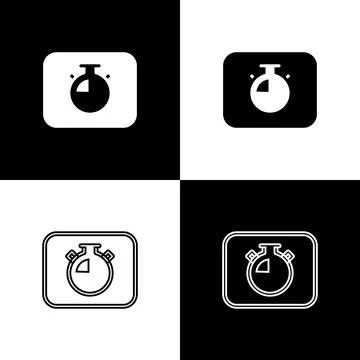 Set Stopwatch icon isolated on black and white background. Time timer sign Illustrazione stock