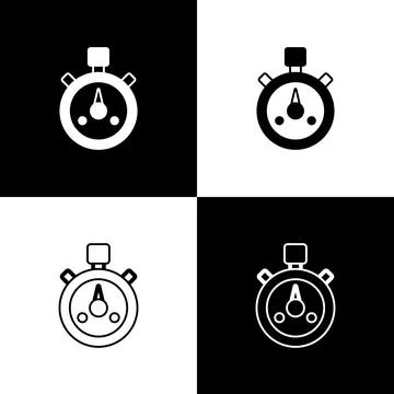 Set Stopwatch icon isolated on black and white background. Time timer sign Stock Illustration
