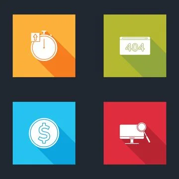 Set Stopwatch, Page with 404 error, Coin money dollar and Computer monitor di Stock Illustration